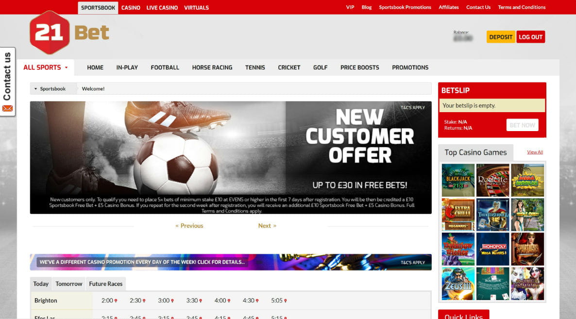 Homepage of 21Bet