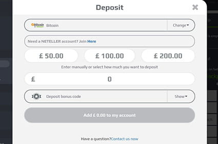 The deposit screen at a bitcoin betting site